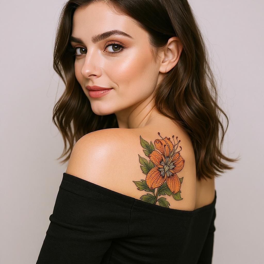 Lilium lancifolium tattoo on shoulder_blade - caucasian