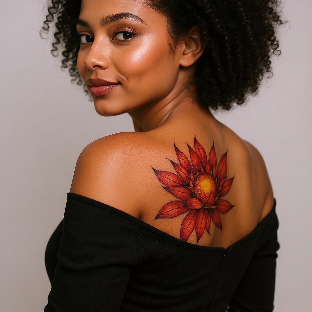 Xerochrysum bracteatum tattoo on shoulder_blade - black