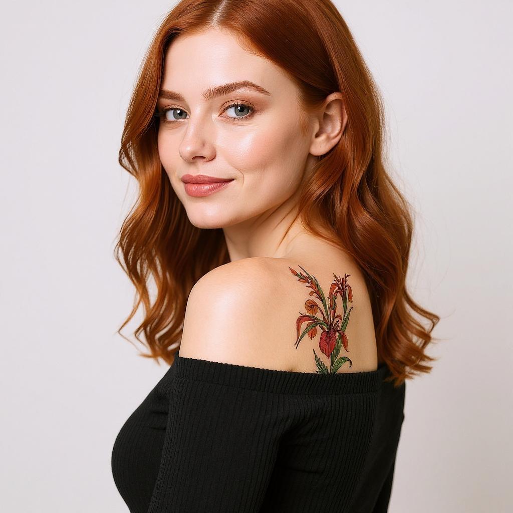 Iris pseudacorus tattoo on shoulder_blade - caucasian