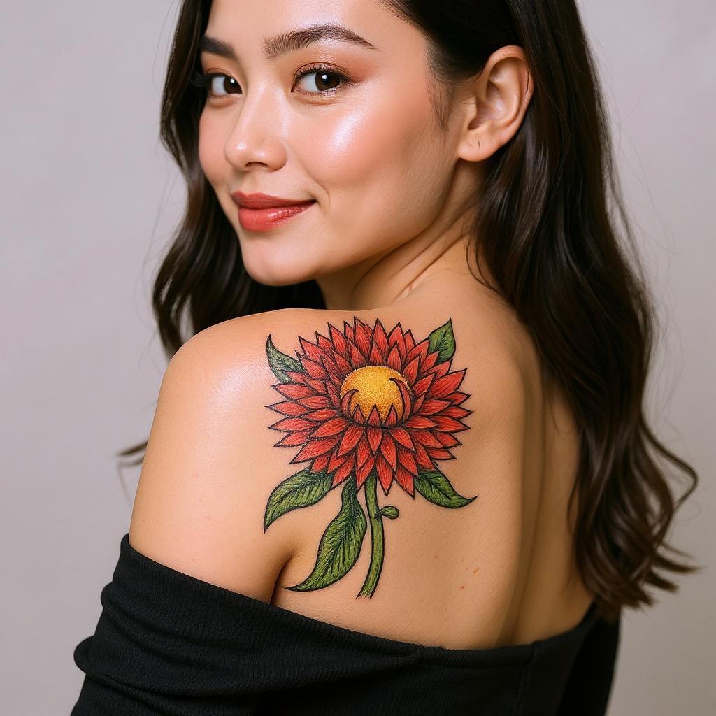 Xerochrysum bracteatum tattoo on shoulder_blade - asian