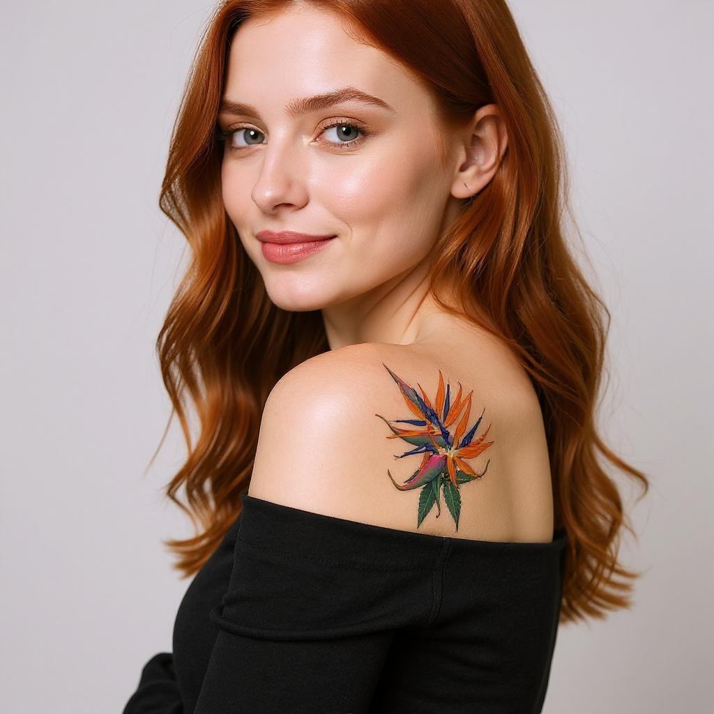 Strelitzia reginae tattoo on shoulder_blade - caucasian