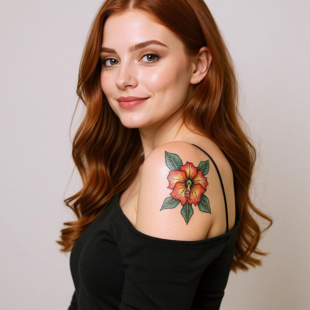 Adenium obesum tattoo on shoulder_blade - caucasian
