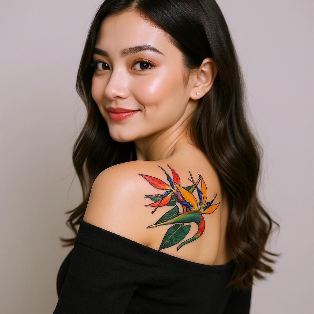 Strelitzia reginae tattoo on shoulder_blade - asian
