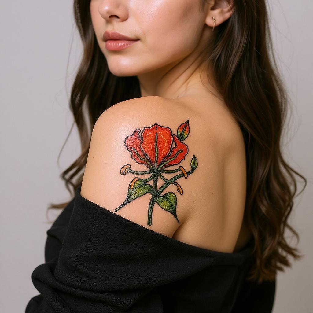 Gloriosa superba tattoo on shoulder_blade - asian