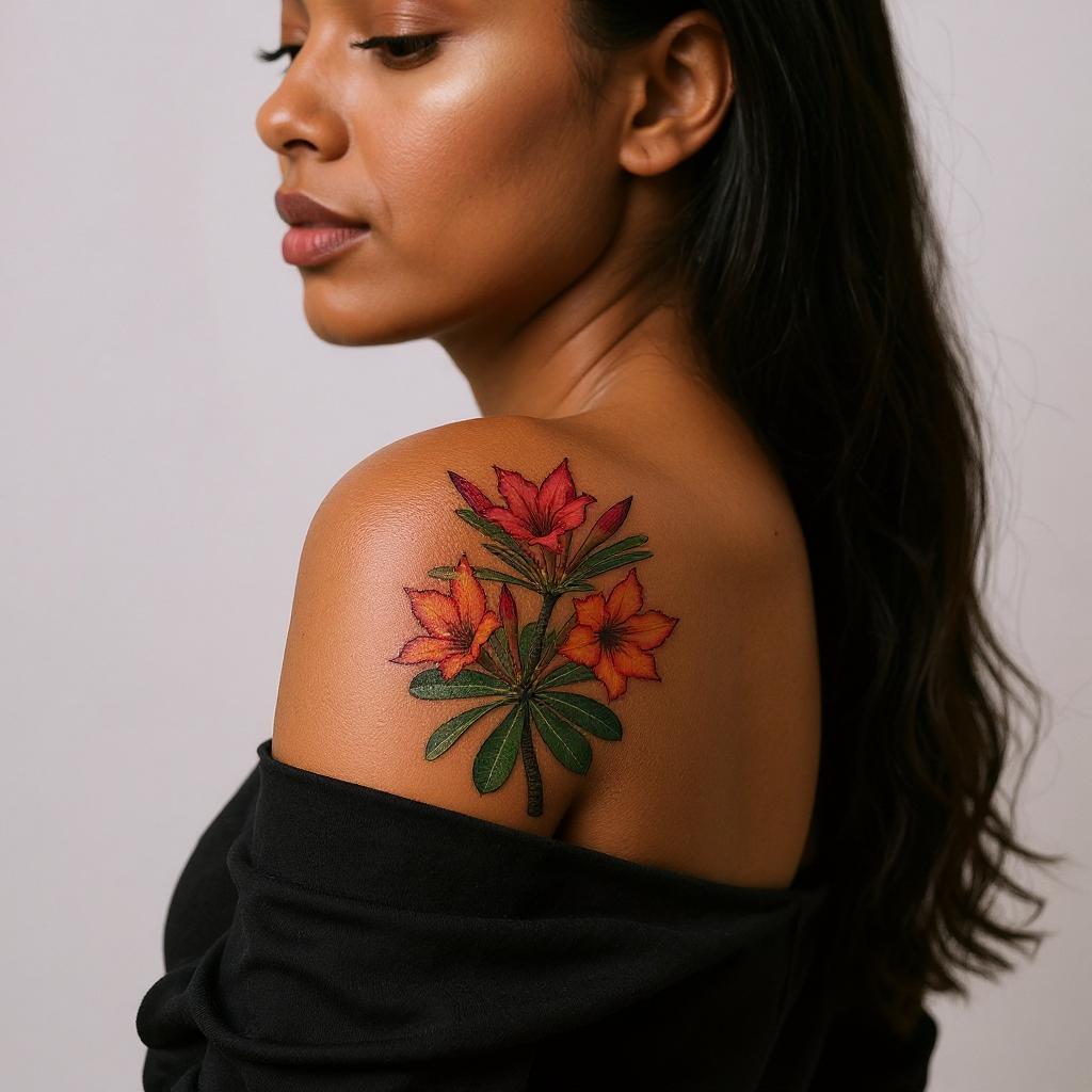 Adenium obesum tattoo on shoulder_blade - black