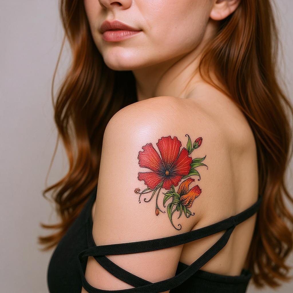 Gloriosa superba tattoo on shoulder_blade - caucasian