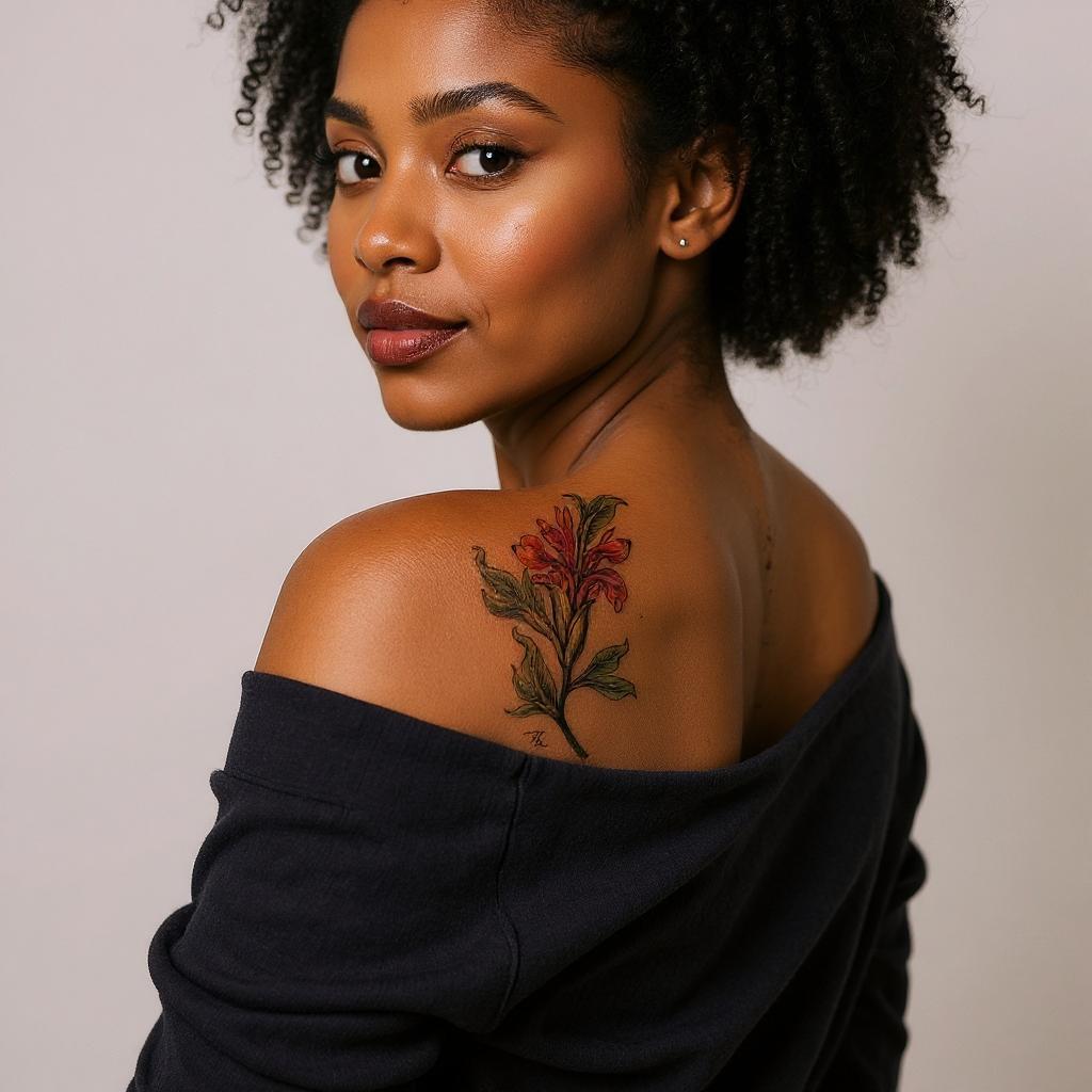 Iris pseudacorus tattoo on shoulder_blade - black