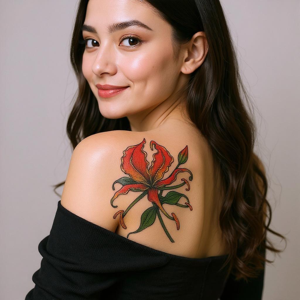 Gloriosa superba tattoo on shoulder_blade - asian