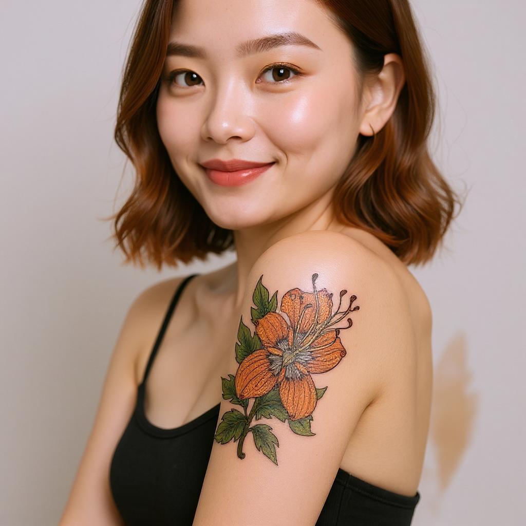 Lilium lancifolium tattoo on upper_arm - asian