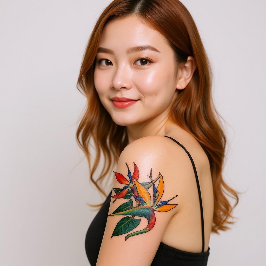 Strelitzia reginae tattoo on upper_arm - asian