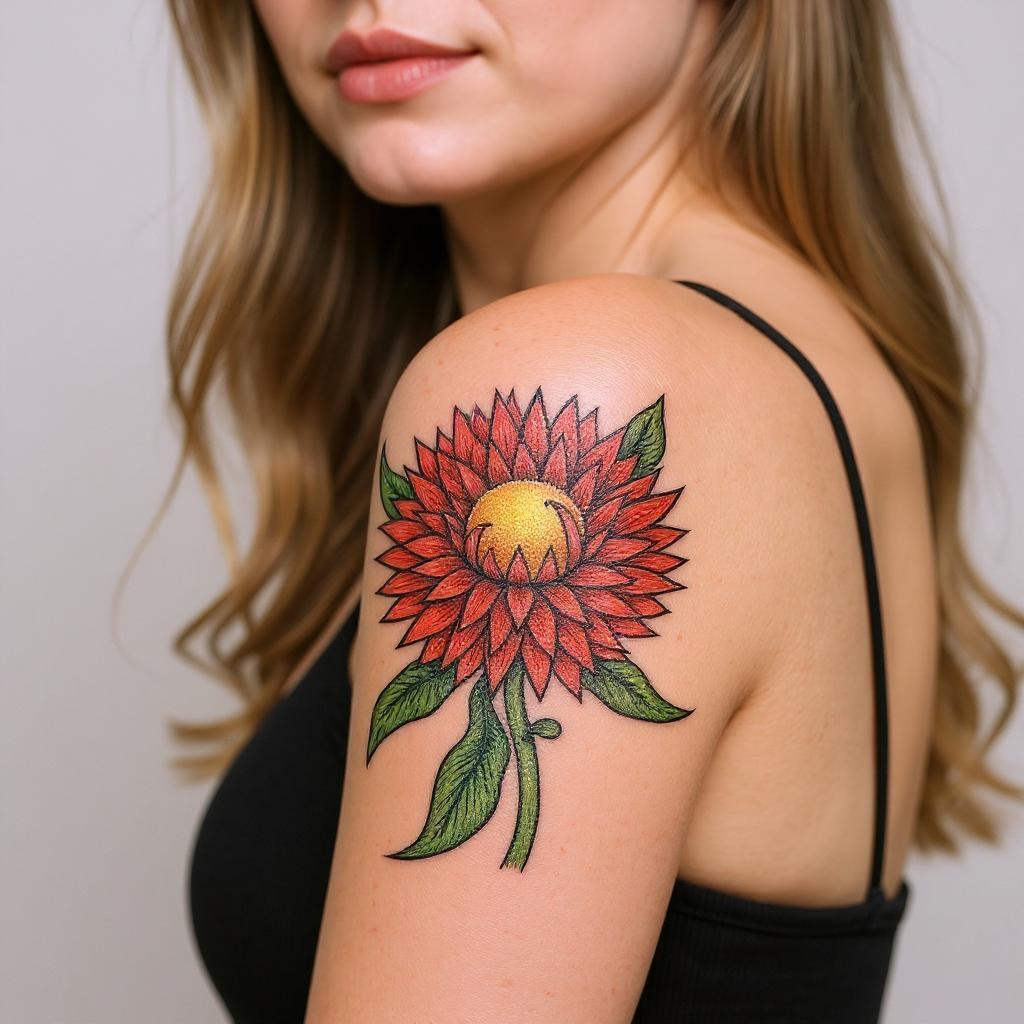 Xerochrysum bracteatum tattoo on upper_arm - caucasian