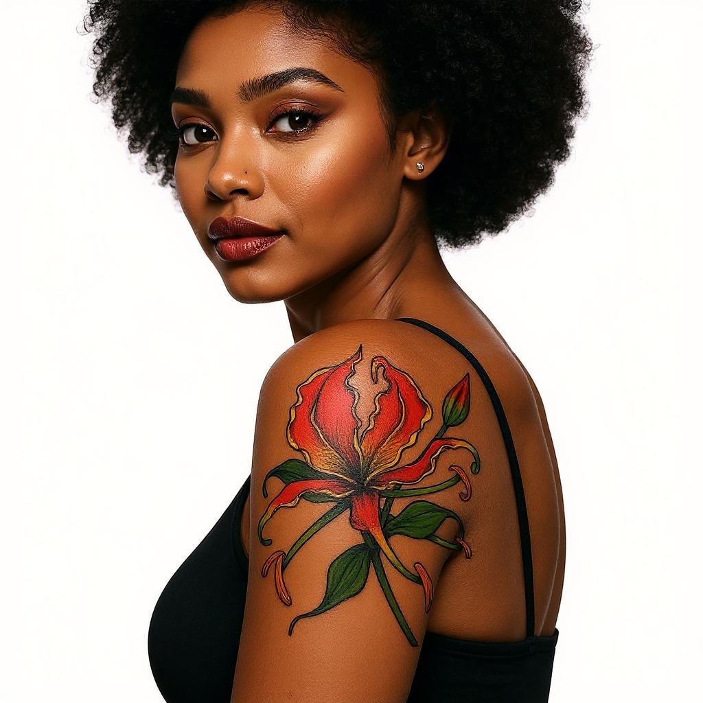 Gloriosa superba tattoo on upper_arm - black