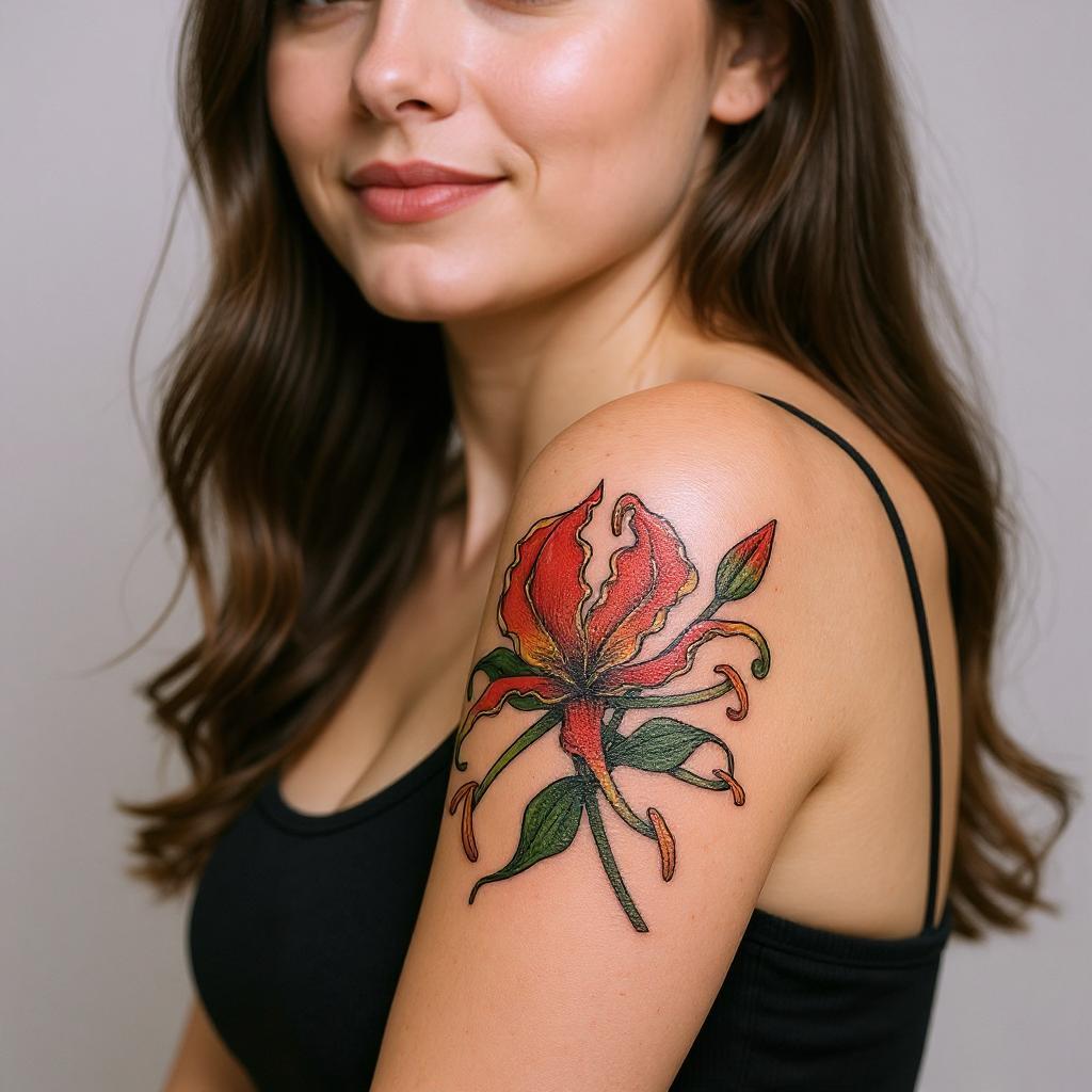 Gloriosa superba tattoo on upper_arm - caucasian