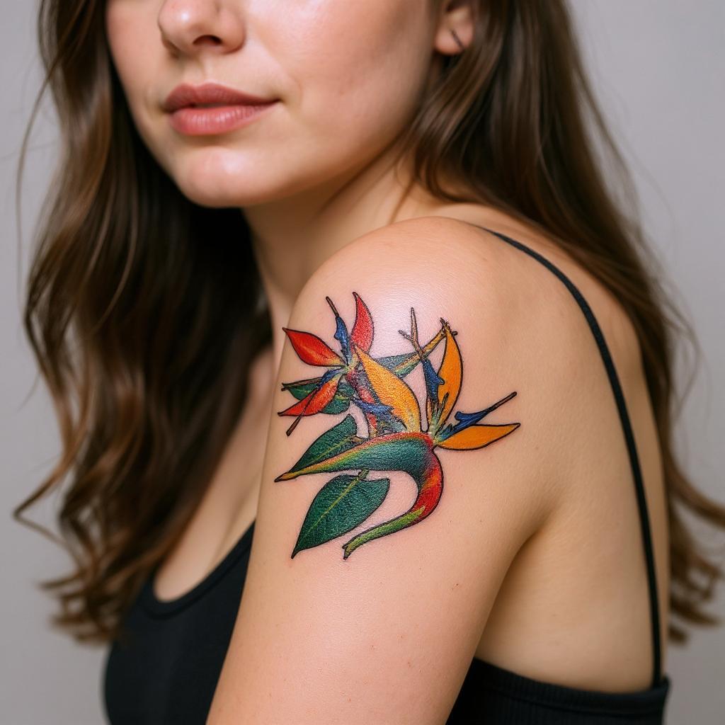 Strelitzia reginae tattoo on upper_arm - caucasian