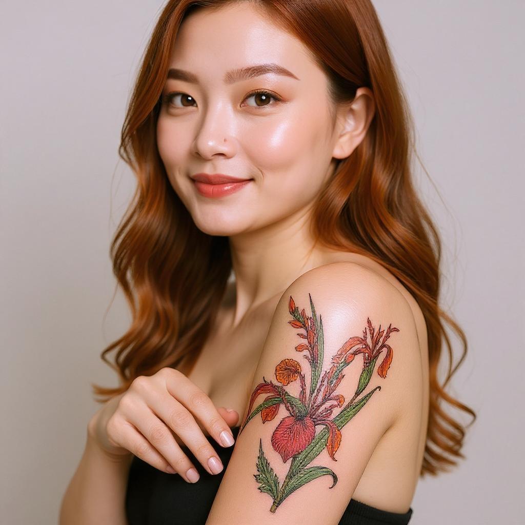 Iris pseudacorus tattoo on upper_arm - asian