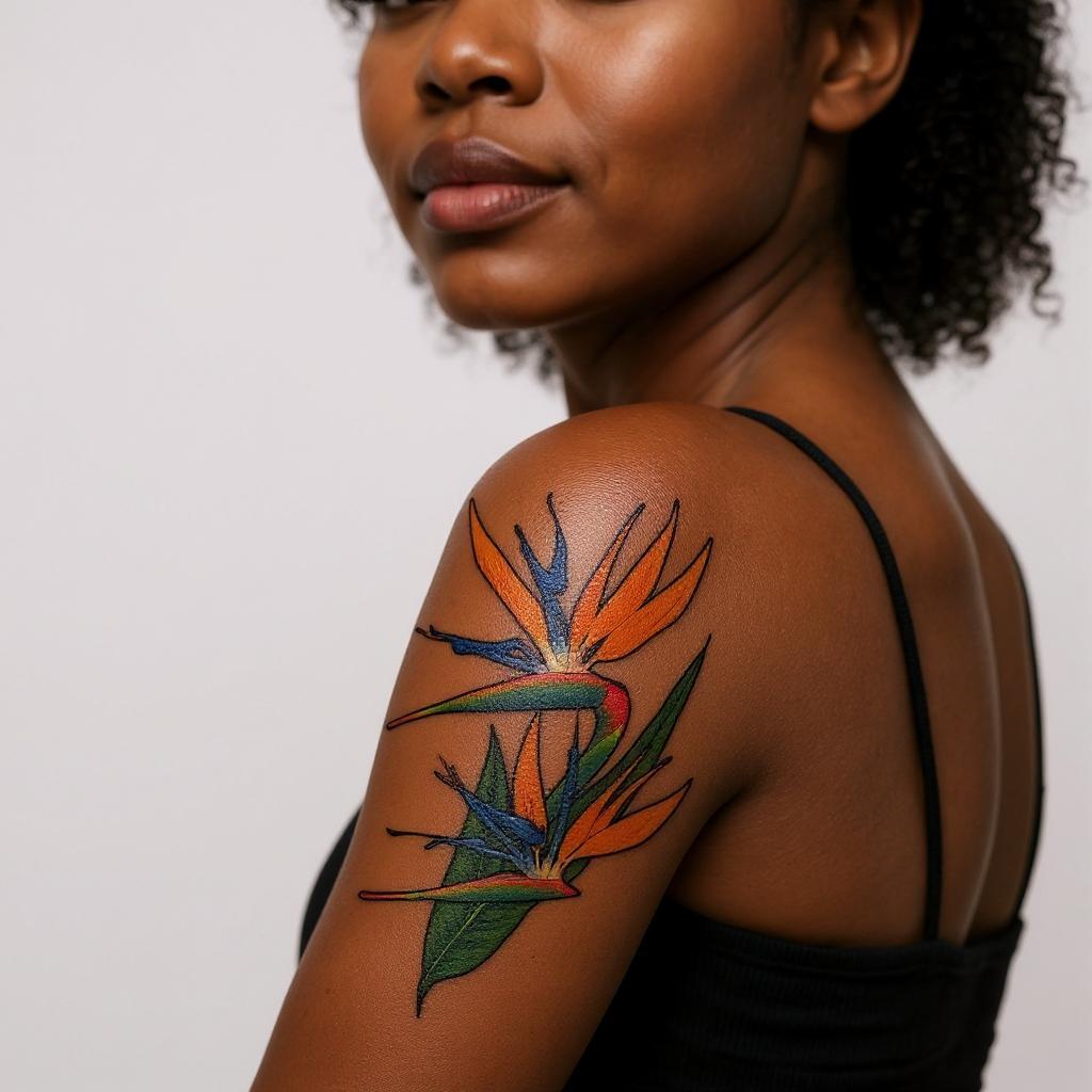 Strelitzia reginae tattoo on upper_arm - black
