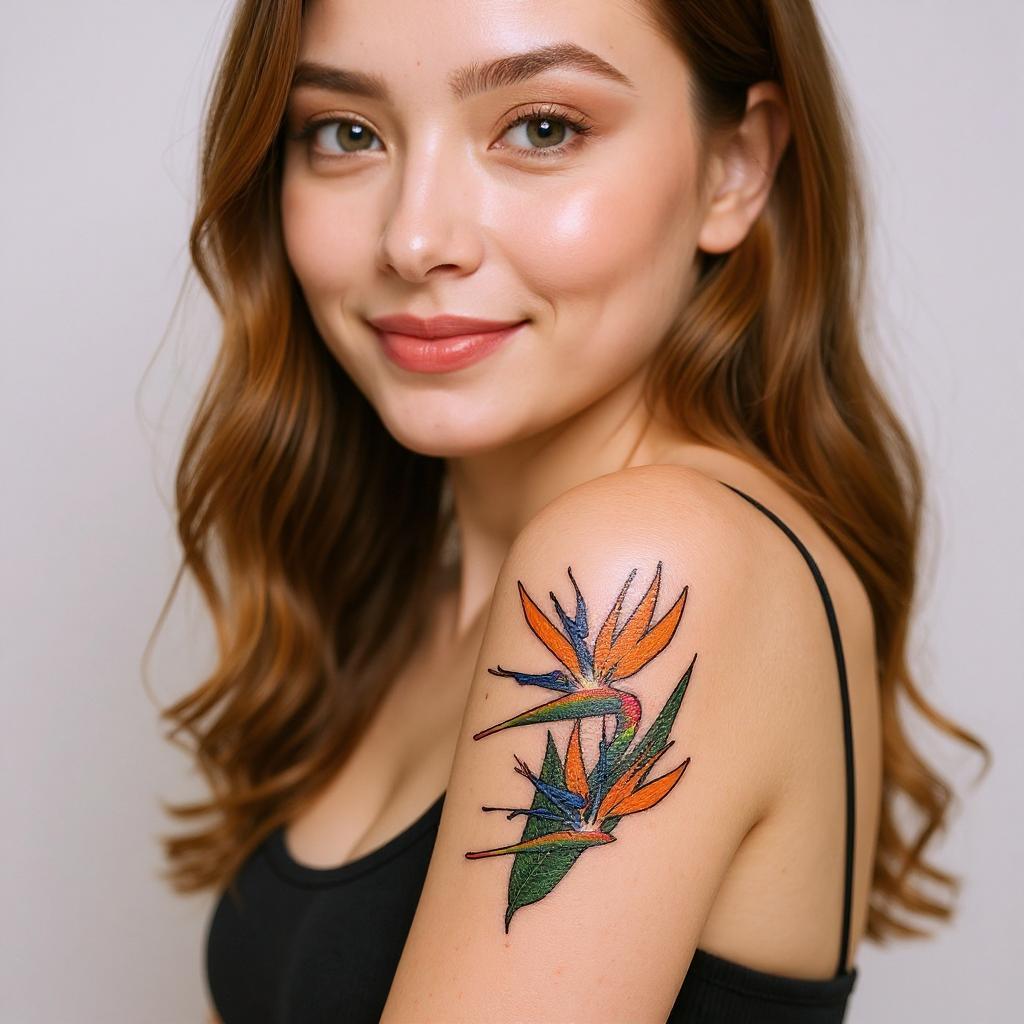 Strelitzia reginae tattoo on upper_arm - asian