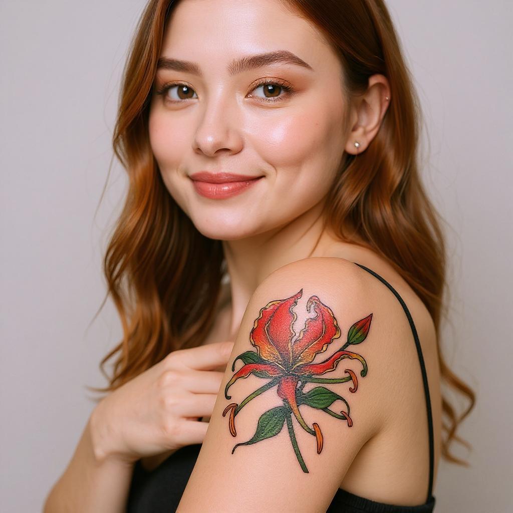 Gloriosa superba tattoo on upper_arm - asian