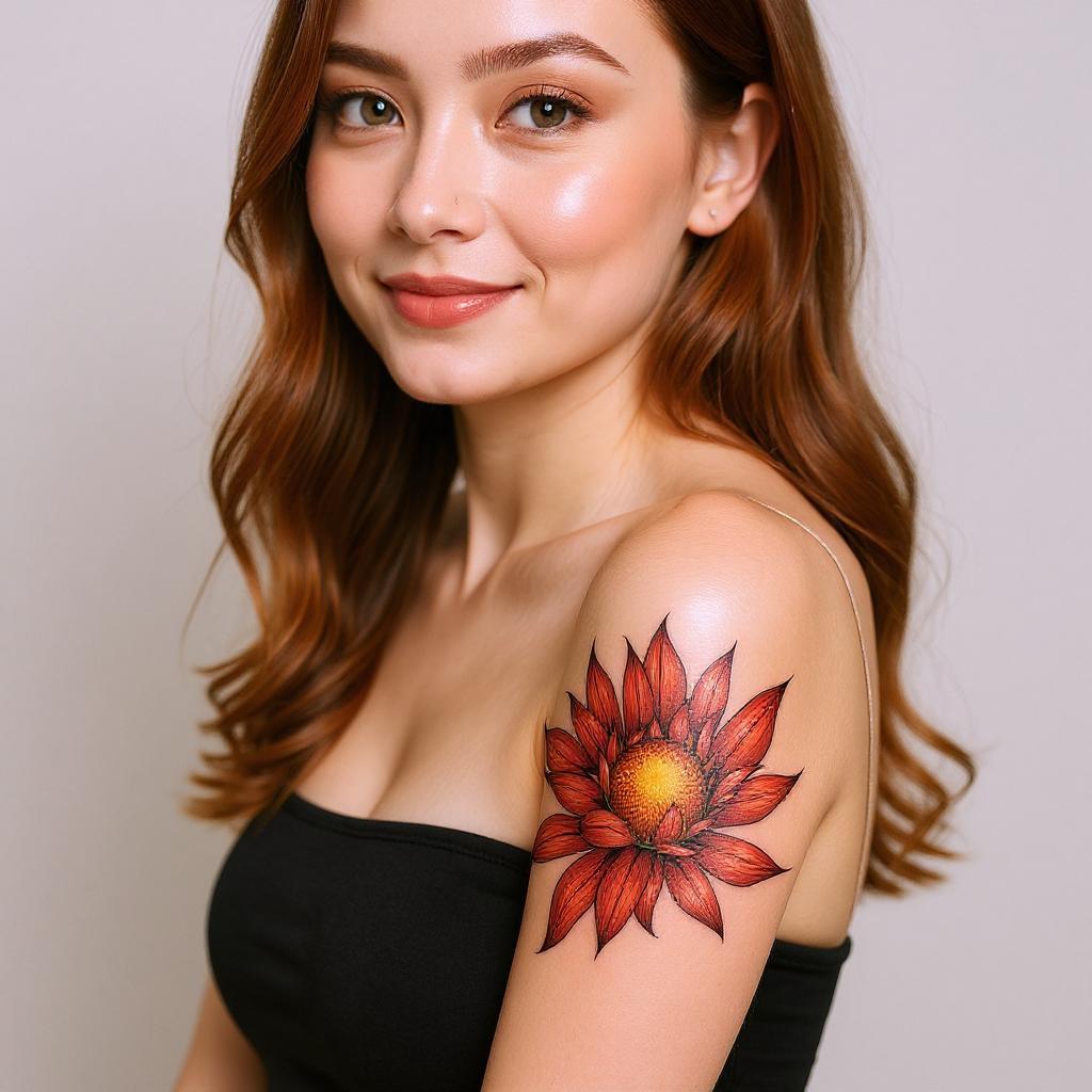 Xerochrysum bracteatum tattoo on upper_arm - asian
