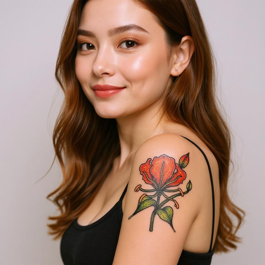 Gloriosa superba tattoo on upper_arm - asian