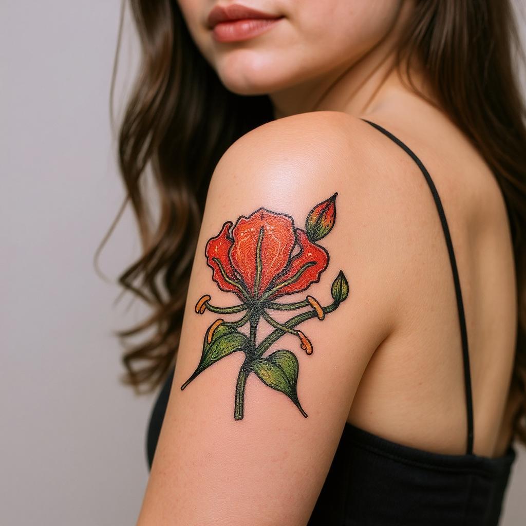 Gloriosa superba tattoo on upper_arm - caucasian