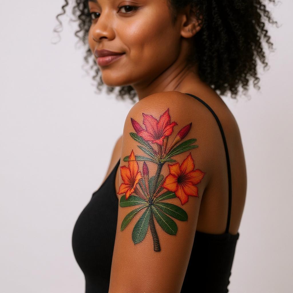 Adenium obesum tattoo on upper_arm - black