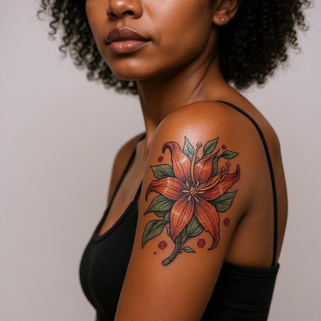 Lilium lancifolium tattoo on upper_arm - black