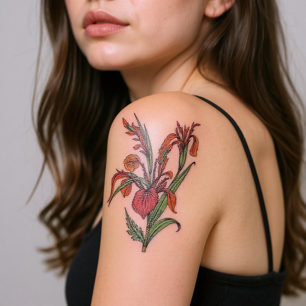 Iris pseudacorus tattoo on upper_arm - caucasian