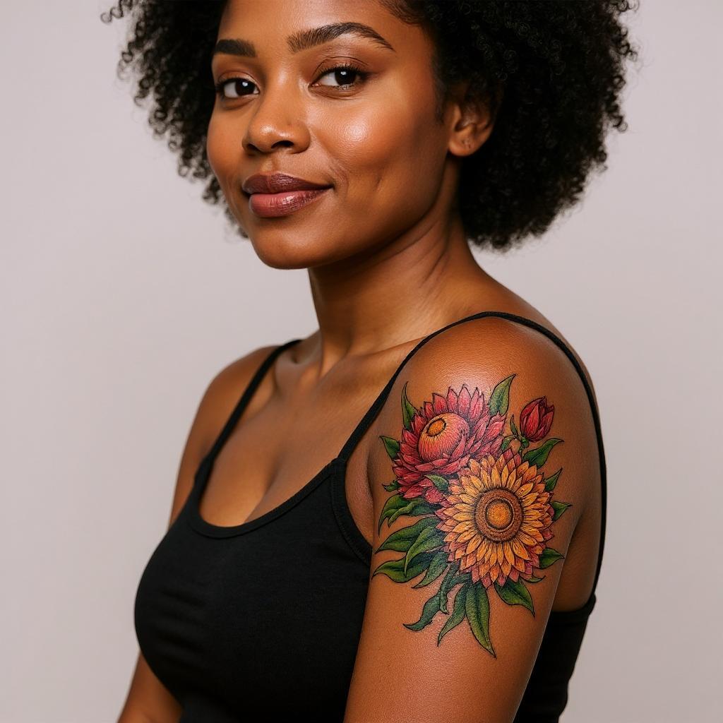 Xerochrysum bracteatum tattoo on upper_arm - black