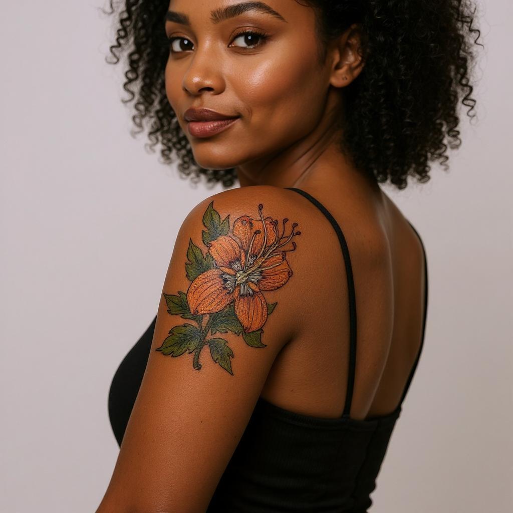 Lilium lancifolium tattoo on upper_arm - black