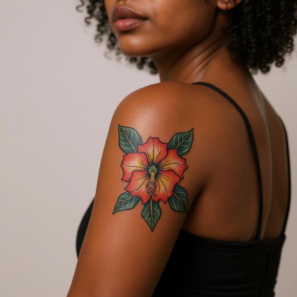 Adenium obesum tattoo on upper_arm - black