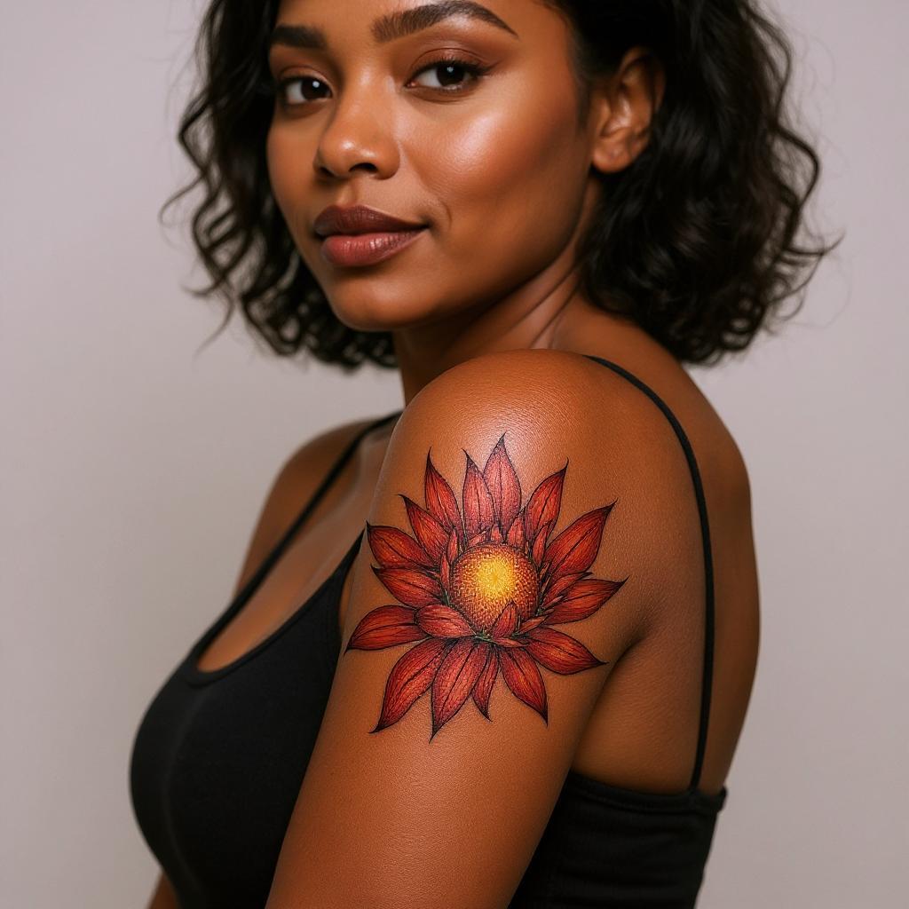 Xerochrysum bracteatum tattoo on upper_arm - black