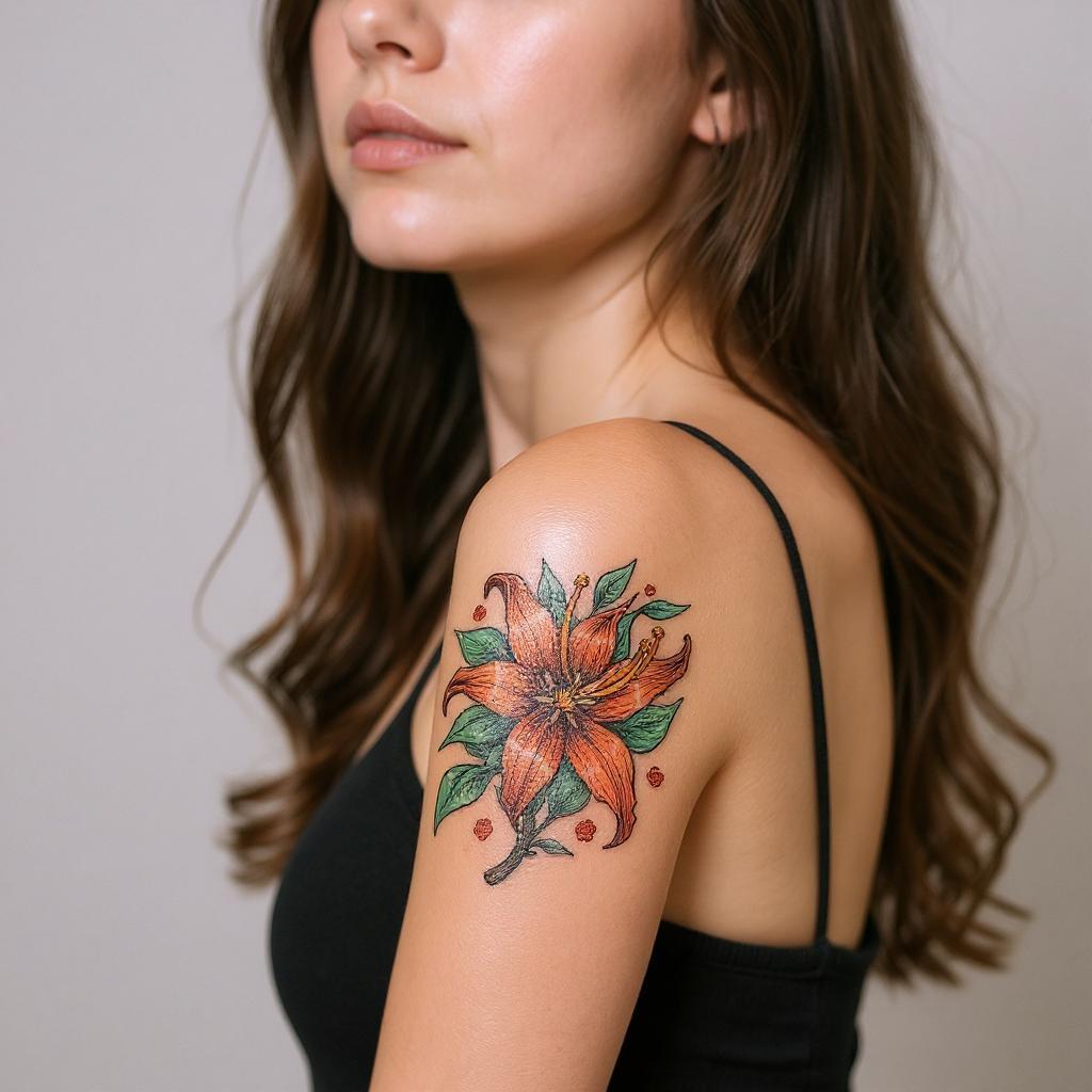 Lilium lancifolium tattoo on upper_arm - caucasian