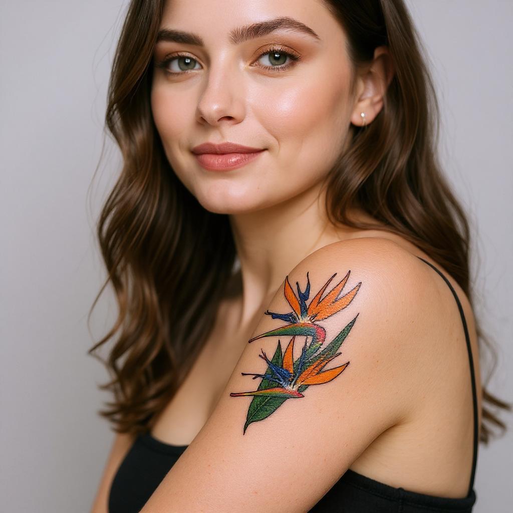 Strelitzia reginae tattoo on upper_arm - caucasian