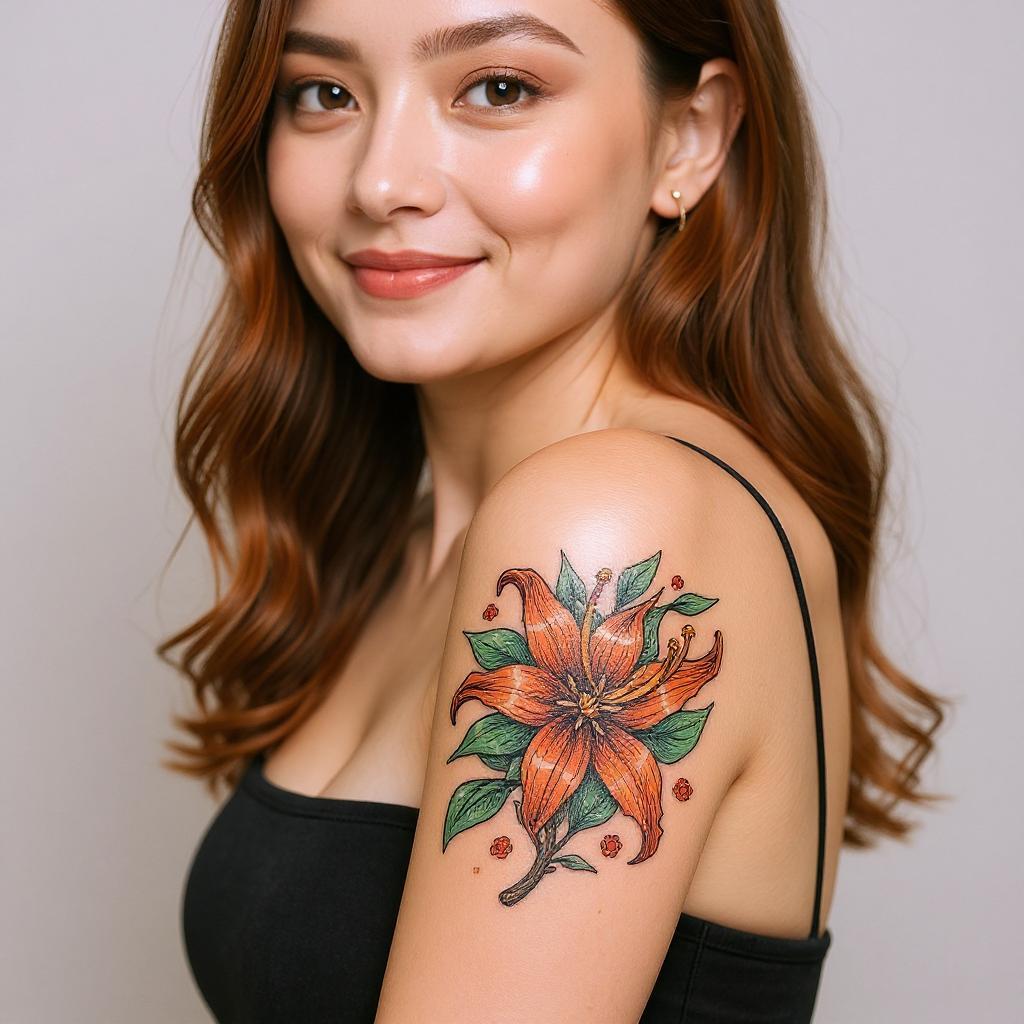 Lilium lancifolium tattoo on upper_arm - asian