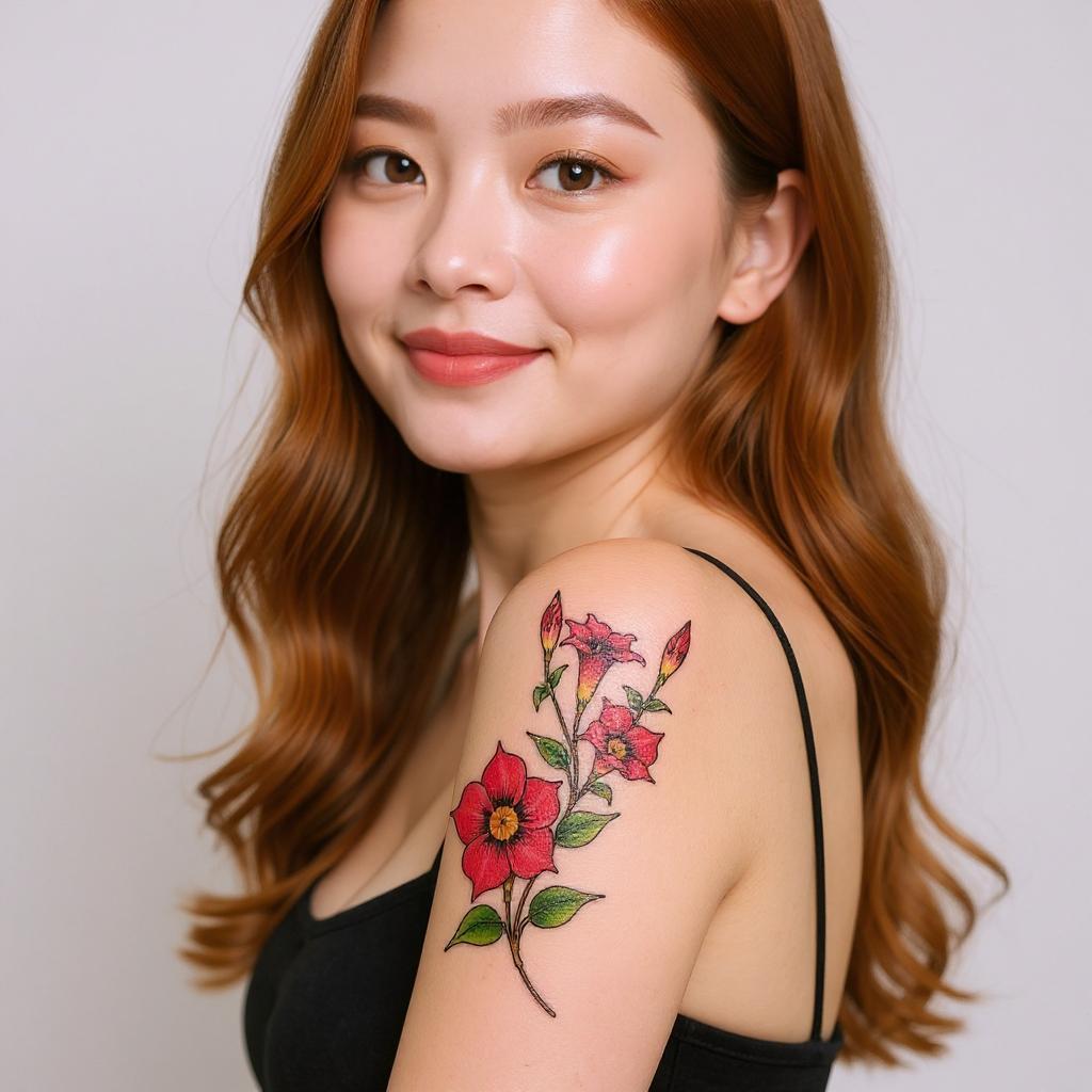 Mandevilla sanderi tattoo on upper_arm - asian