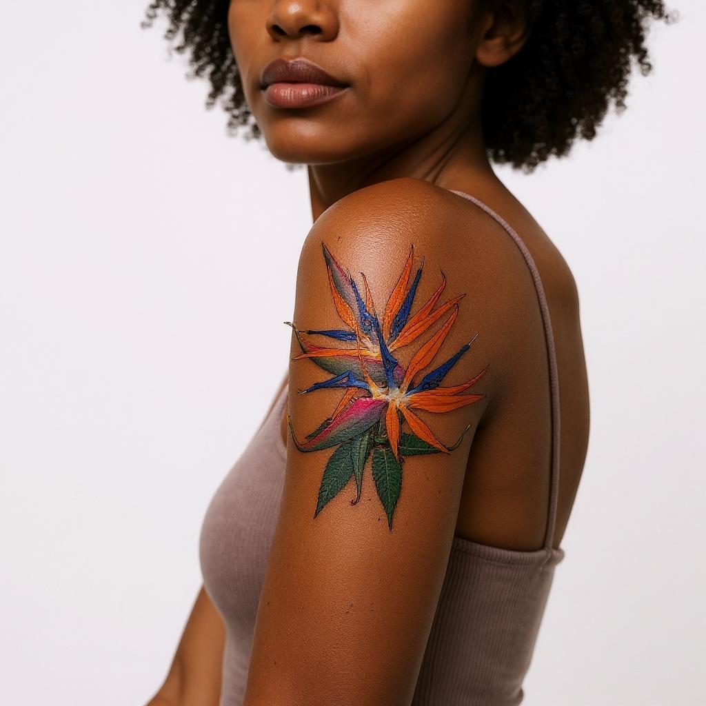 Strelitzia reginae tattoo on upper_arm - black