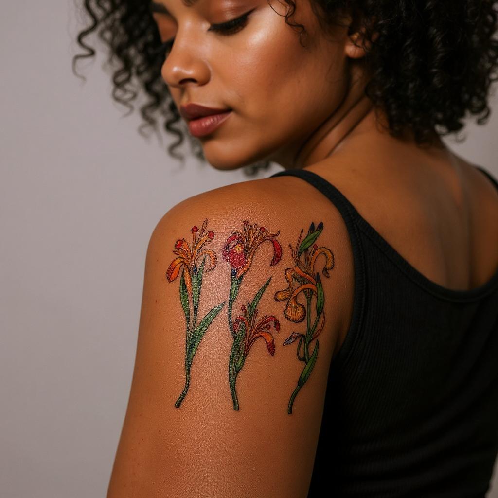 Iris pseudacorus tattoo on upper_arm - black
