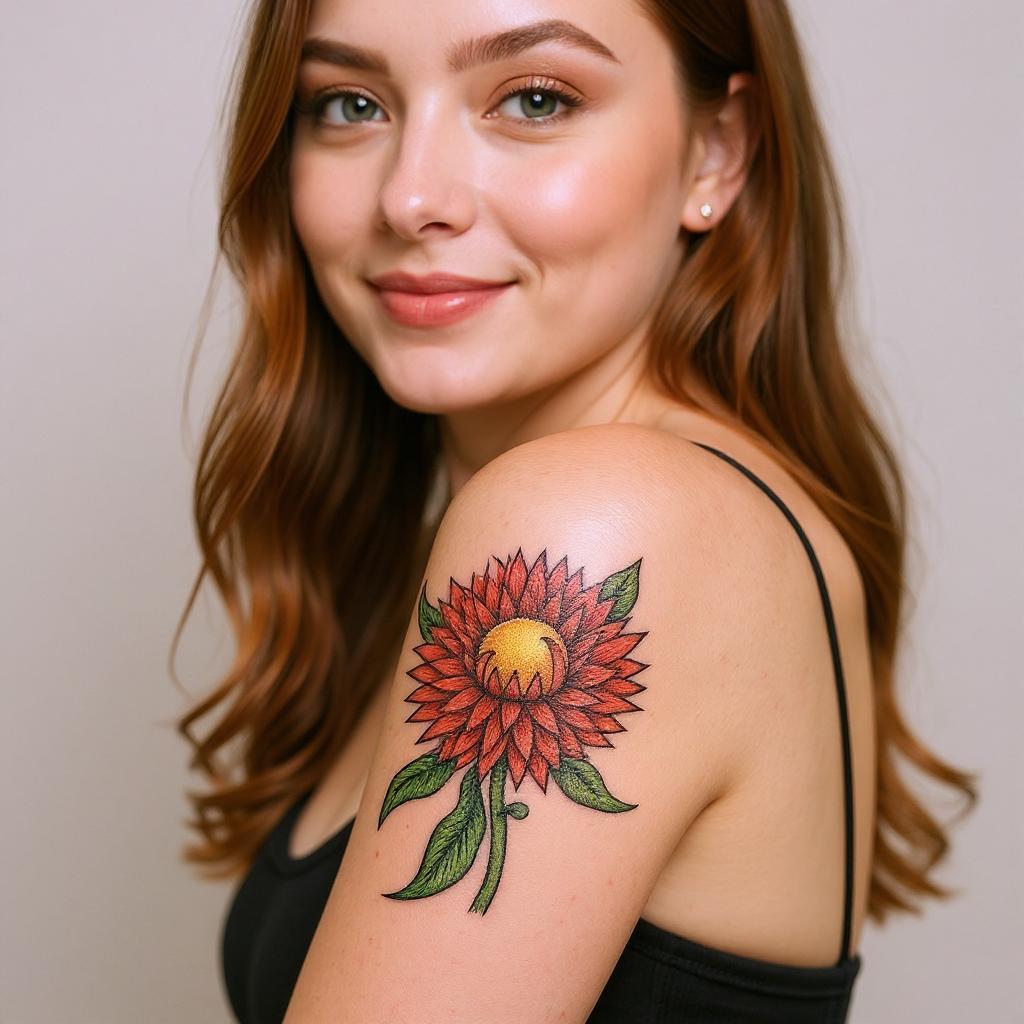 Xerochrysum bracteatum tattoo on upper_arm - asian