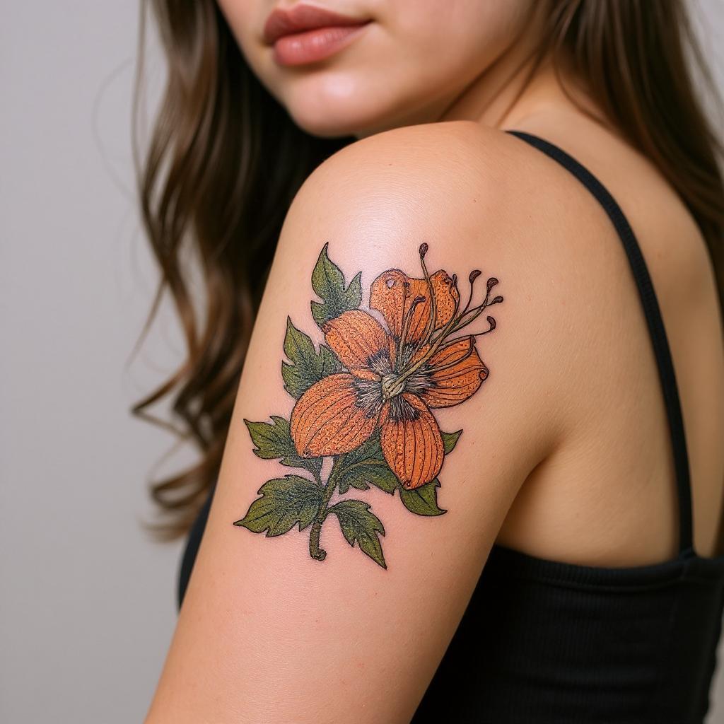 Lilium lancifolium tattoo on upper_arm - caucasian