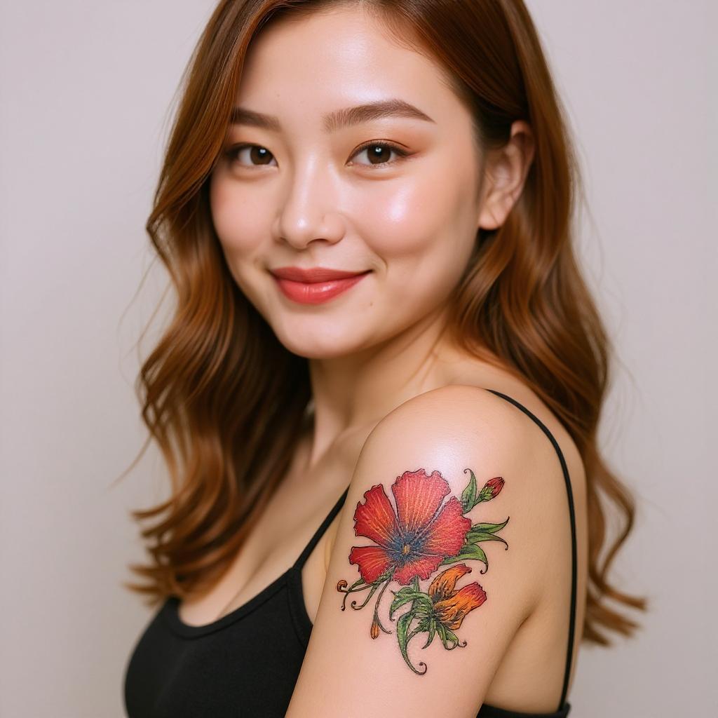 Gloriosa superba tattoo on upper_arm - asian