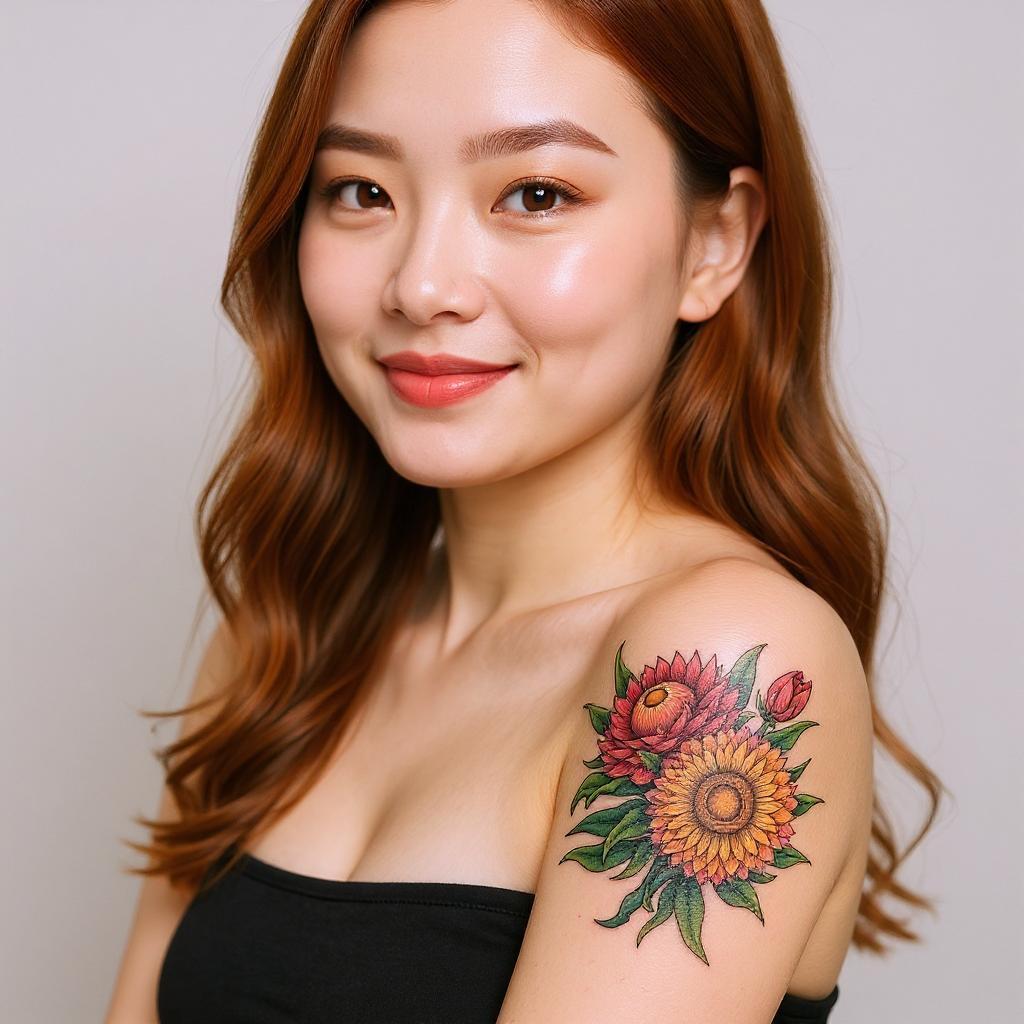 Xerochrysum bracteatum tattoo on upper_arm - asian