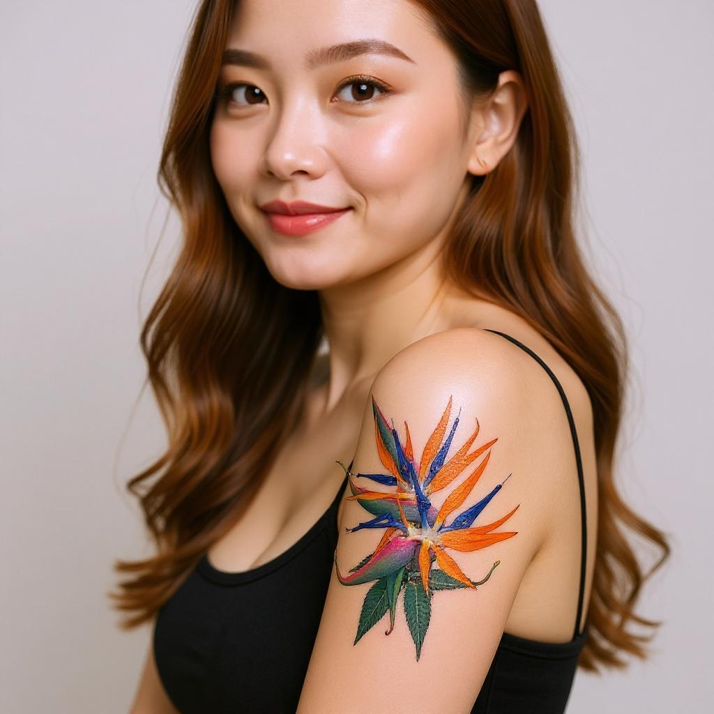 Strelitzia reginae tattoo on upper_arm - asian