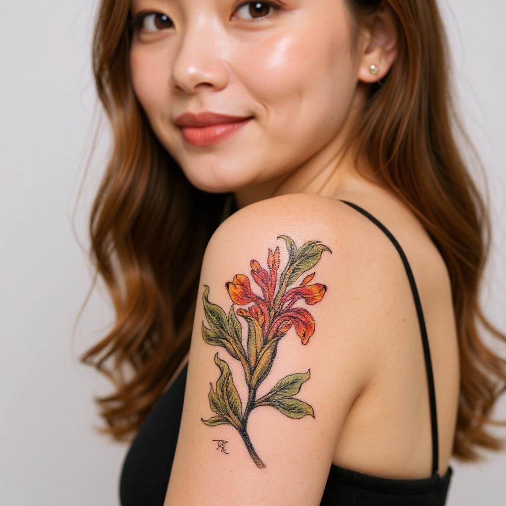 Iris pseudacorus tattoo on upper_arm - asian