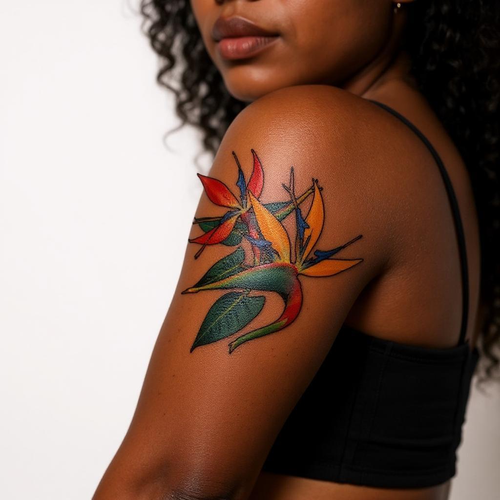 Strelitzia reginae tattoo on upper_arm - black
