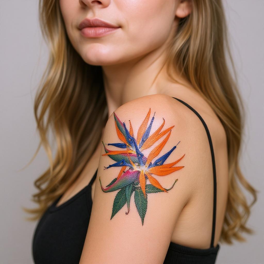 Strelitzia reginae tattoo on upper_arm - caucasian