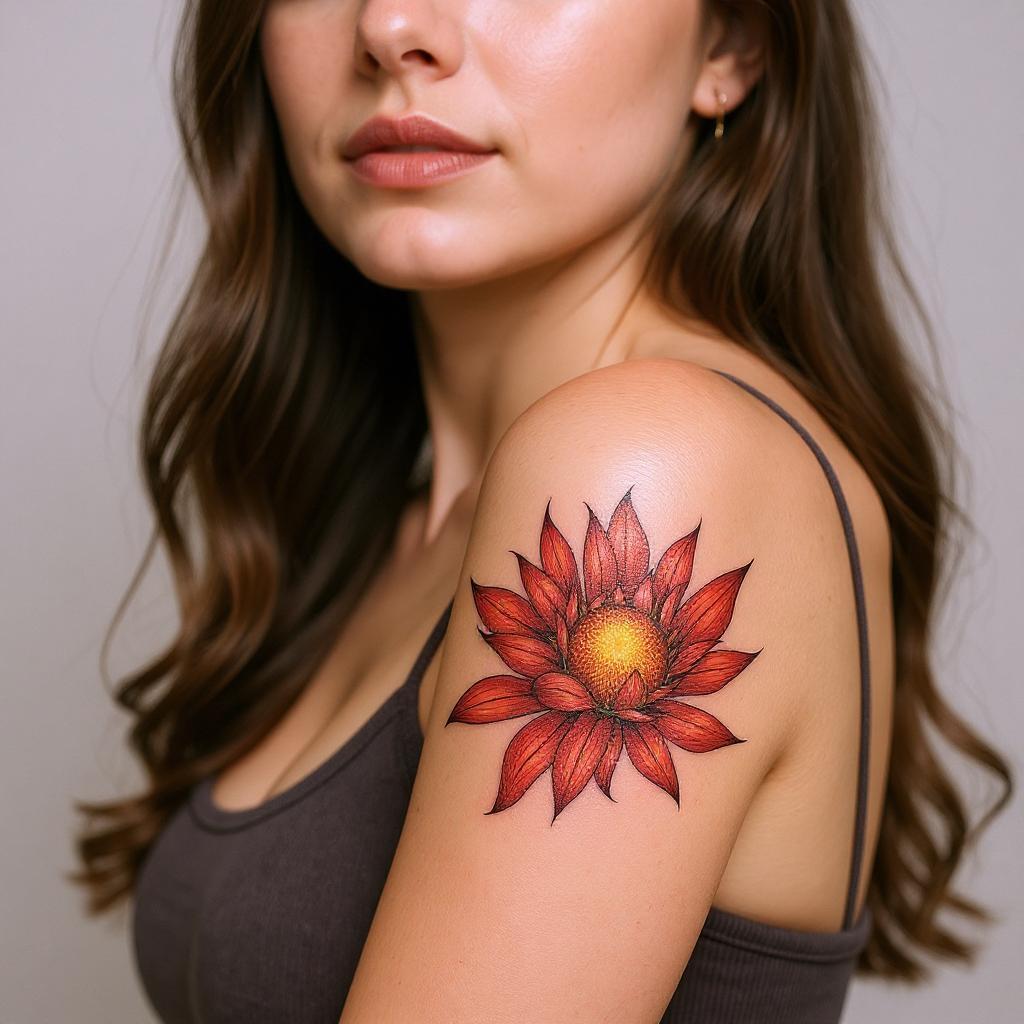 Xerochrysum bracteatum tattoo on upper_arm - caucasian
