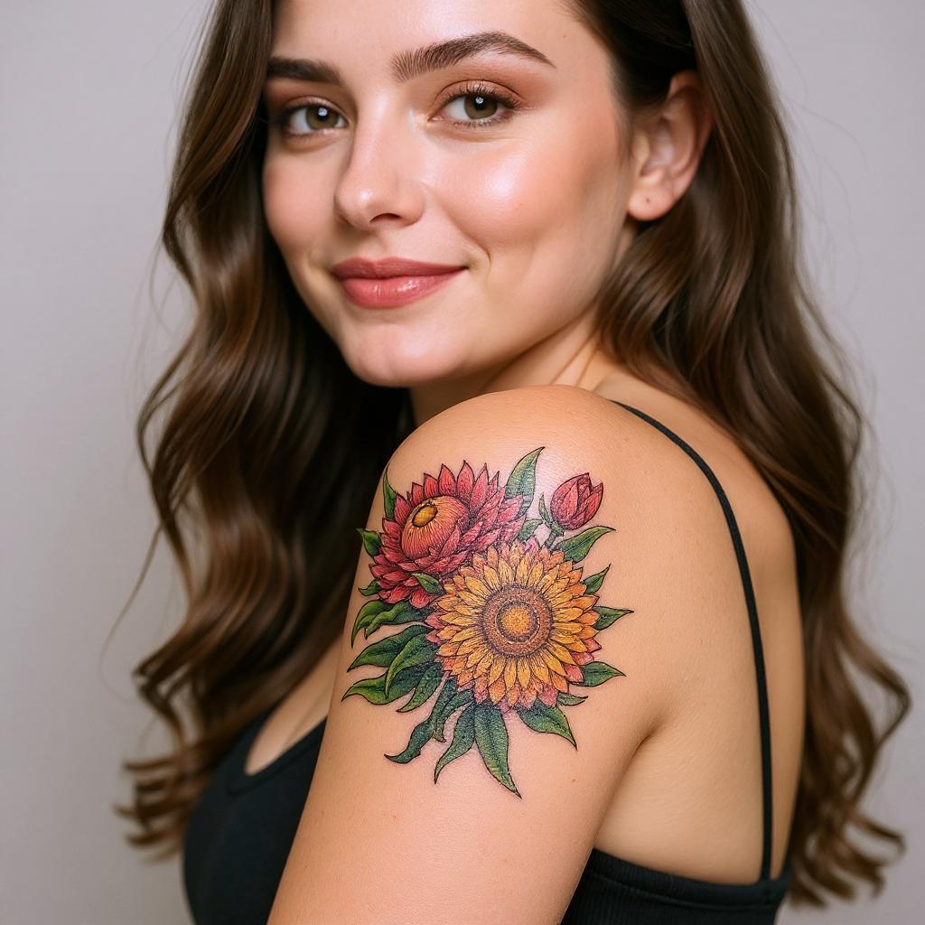Xerochrysum bracteatum tattoo on upper_arm - caucasian