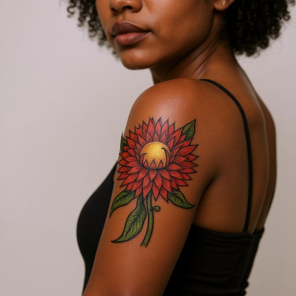 Xerochrysum bracteatum tattoo on upper_arm - black